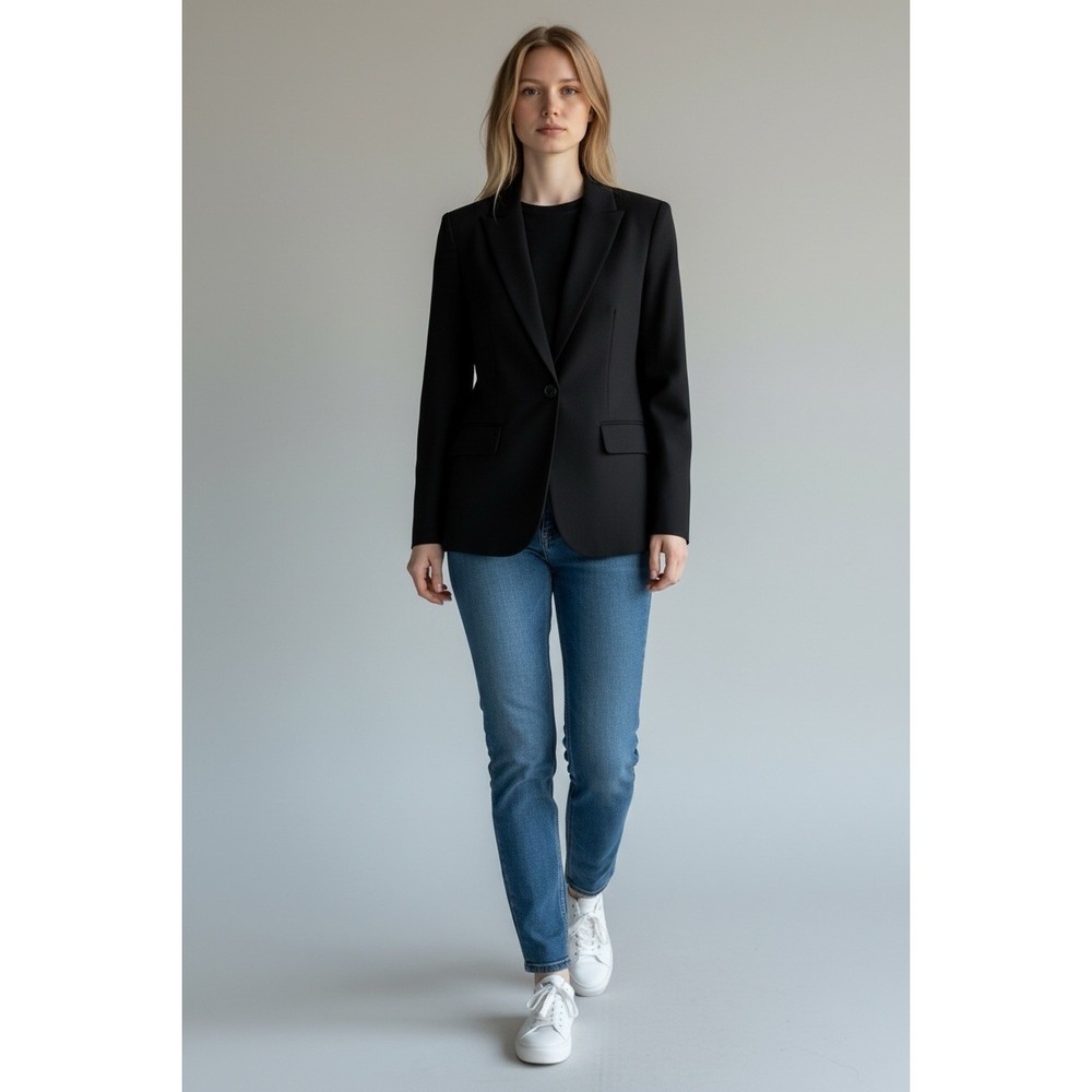 Theory Blazer Womens Size 12 Black Pinstripe Wool Blend Single Button Made USA
